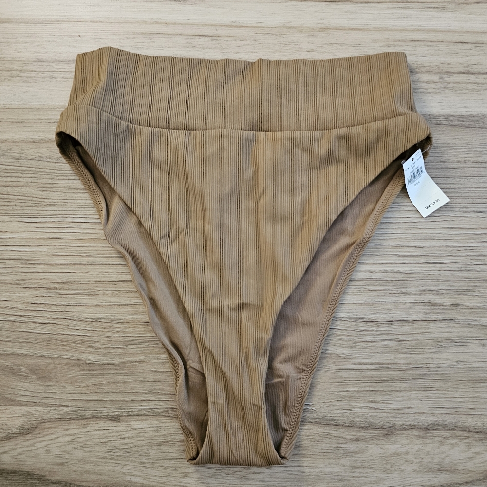 Aerie‎ High Cut Ribbed Cheeky Bikini Bottom Camel Brown Large